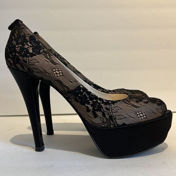 Stuart Weitzman Lillie Nude Luxe Lace Peep Toe Platform Heels Size 10 - Picture 3 of 16